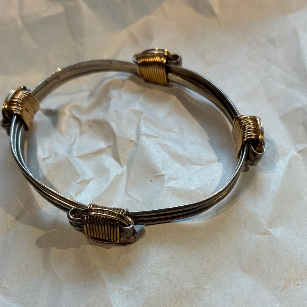 10 K Gold and 925 Silver Two-Tone Wire Wrap Bangle Bracelet 34 grams